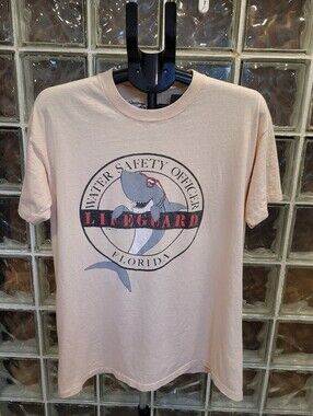 Vintage 1986 Lifeguard Florida Shark Single Stitch T Shirt Mens L Natural Fade